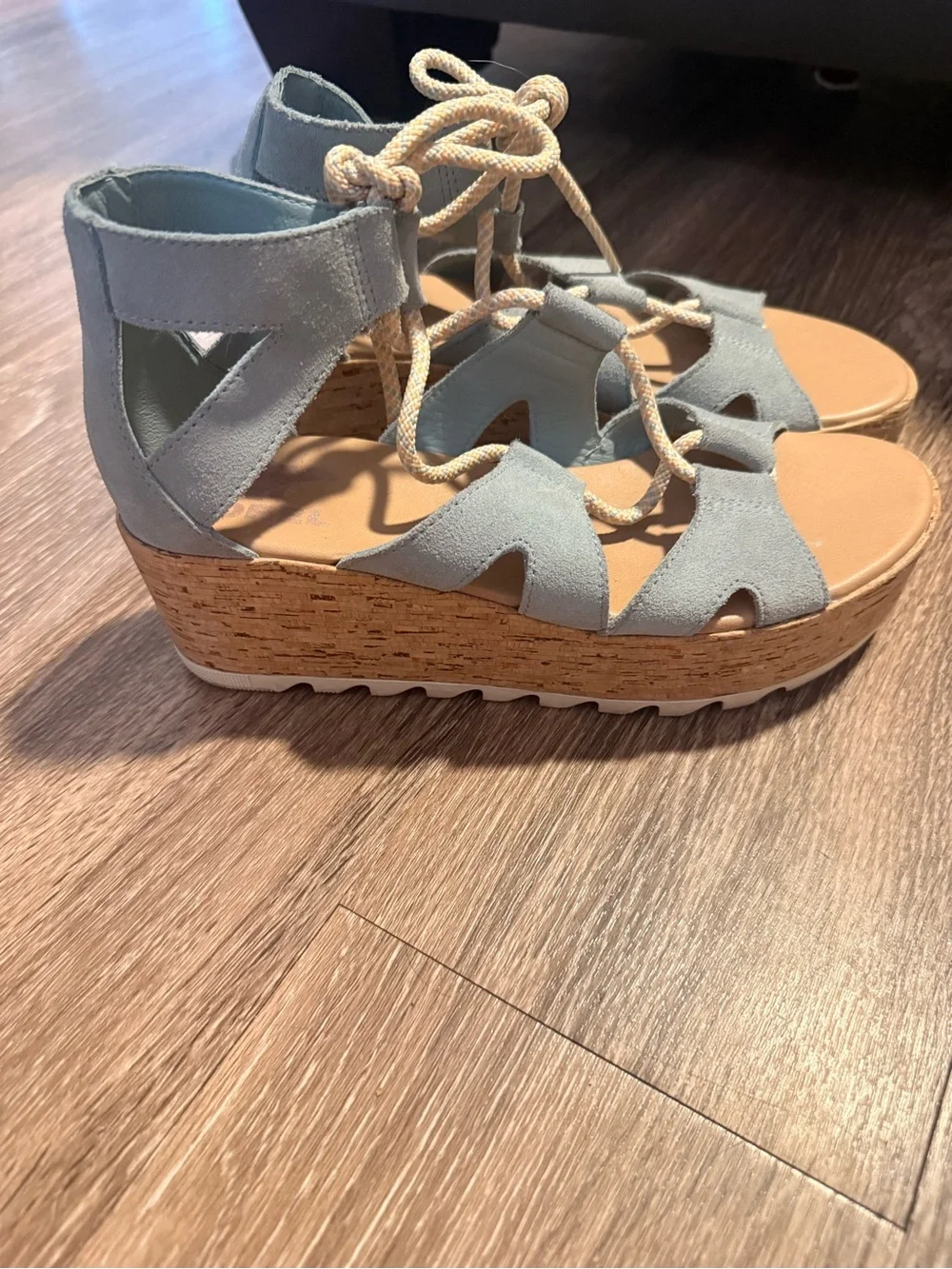 Sorel Womens Light Blue Lace-Up Cork Wedge Sandals